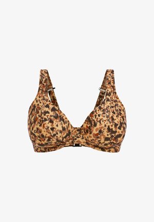 Sujeta con estampado de leopardo y forma triangular, hecha de tejido suave, con tirantes ajustables y cierre frontal.