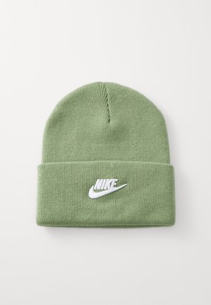 Berretto lavorato a maglia verde con logo Nike ricamato in bianco, texture morbida e risvolto per maggiore calore e stile.