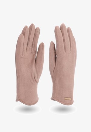 Guanti in camoscio marrone con una texture liscia, progettati con cinque sezioni per le dita e un sottile accento del marchio sul polsino.