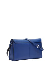 Blaues Leder-Crossbody-Bag mit strukturierter Form, flachem Oberteil, verstellbarem Tragegurt und minimalistischem Design.