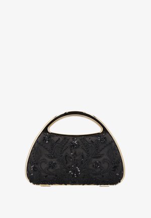 Black handbag with gold frame, floral embroidery, and sequins, featuring a built-in handle at the top.