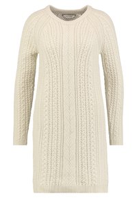 Svetr šaty s dlouhým rukávem a pleteným vzorem v jemném krému. Má zaoblený výstřih a žebrované lemy s alternujícím copánkovým a texturovaným vzorem.