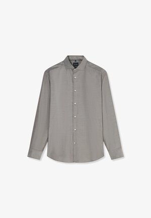 Camicia da uomo grigia a maniche lunghe con bottoni sul davanti e colletto classico, distesa su uno sfondo bianco.