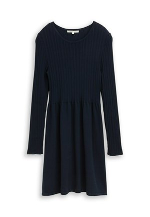Navyblaues, langärmeliges Kleid mit geripptem Strickoberteil und glattem Rock, rundem Ausschnitt und tailliertem Schnitt.
