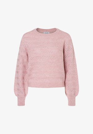 Rosa gestrickter Pullover mit rundem Ausschnitt, der ein strukturiertes Muster aus horizontalen und diagonalen Streifen, langen Ärmeln und einem kurzen Design aufweist.