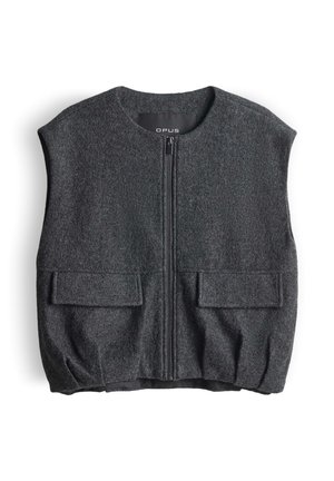 Gilet grigio senza maniche con cerniera frontale, due tasche frontali e tessuto strutturato. Il design è minimalista e moderno, con scollo rotondo.