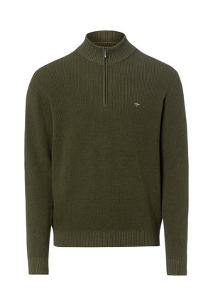 Olijfgroene katoenen heren trui met geribbelde manchetten en zoom, voorzien van een halve ritskraag en een klein logo op de borst.