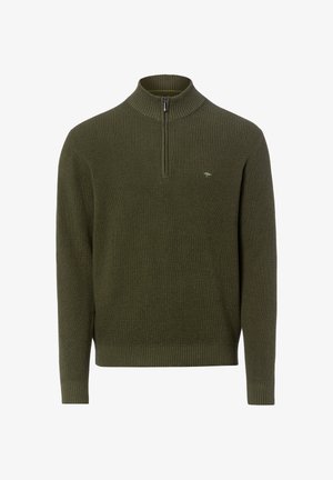 Herrenstrickpullover in Olivgrün mit gerippten Bündchen und Saum, ausgestattet mit einem halbhohen Reißverschlusskragen und kleinem Logo auf der Brust.