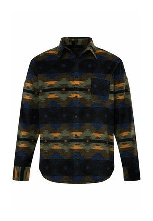 Camisa de franela con un patrón geométrico multicolor en tonos de verde, naranja, azul y negro. Incluye un bolsillo y un diseño de botones.