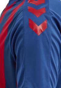 Niebieski rękaw kurtki z trzema czerwonymi ukośnymi paskami skierowanymi w dół oraz czerwonym panelem na przyległej części tułowia.