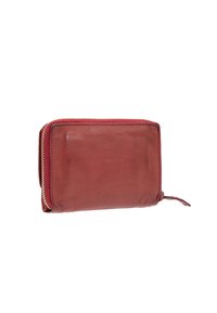 Rotes Lederportemonnaie mit glatter Oberfläche, ausgestattet mit einem Reißverschluss und einer seitlichen Lasche. Es hat eine rechteckige Form und ist von mittlerer Größe.
