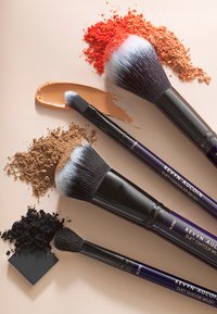 Set von Make-up-Pinseln mit schwarzen Griffen und weichen Borsten. Enthält Produkte in den Farben Rot, Braun und Schwarz in Puder- und Cremeform.