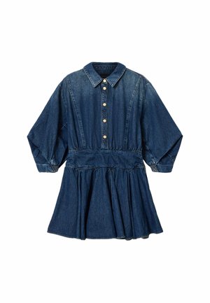 Denim jurk met een kraag, knoopsluiting aan de voorkant en volumineuze mouwen. De rok heeft vouwen voor extra textuur.