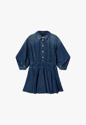 Denim jurk met een kraag, knoopsluiting aan de voorkant en volumineuze mouwen. De rok heeft vouwen voor extra textuur.