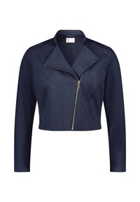 Marinblå cropped jacka i mjukt material med spetsig krage, asymmetrisk dragkedjestängning och långa ärmar. Slät textur hela vägen.