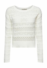 Weißer, kurz geschnittener Pullover mit langen Ärmeln, der aufwendige, offene Strick Muster und horizontale Streifen aufweist. Weiche Textur mit Rundhalsausschnitt.