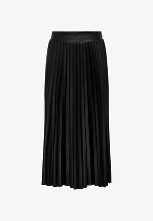 Zwarte geplooide midirok met hoge taille, een gladde tailleband en gelijkmatig verdeelde verticale plooien.