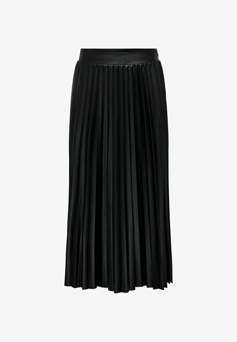 Jupe midi plissée noire taille haute avec une ceinture lisse et des plis verticaux espacés uniformément.