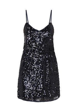 Vestido mini negro de lentejuelas con tirantes finos, cintura ajustada y falda suelta. Presenta un escote en V y adornos relucientes de lentejuelas en todo el vestido.