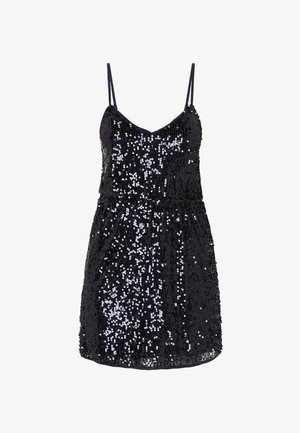 Czarna mini sukienka z cekinami, cienkimi ramiączkami, dopasowaną talią i luźną spódnicą. Posiada dekolt w kształcie litery V oraz błyszczące cekinowe zdobienia na całej powierzchni.