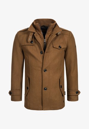 Brown wool-blend coat with a high collar, double-breasted front, black buttons, and side pockets. Features epaulets and textured fabric.