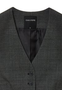 Gilet a quadri grigio con scollatura a V profonda, due bottoni neri e una fodera in satin nero lucido contrassegnata dal marchio "CALLIOPE" e dalla taglia "S."