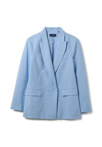 Blazer azzurro pallido a doppio petto con un design strutturato. Presenta rever a tachina, due tasche frontali e dettagli con bottoni. Texture liscia.