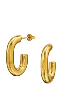 Boucles d'oreilles en métal doré avec un design lisse et arrondi, présentant une finition brillante et une fermeture à tige sécurisée.