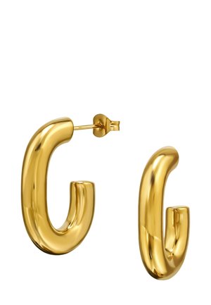 Boucles d'oreilles en métal doré avec un design lisse et arrondi, présentant une finition brillante et une fermeture à tige sécurisée.