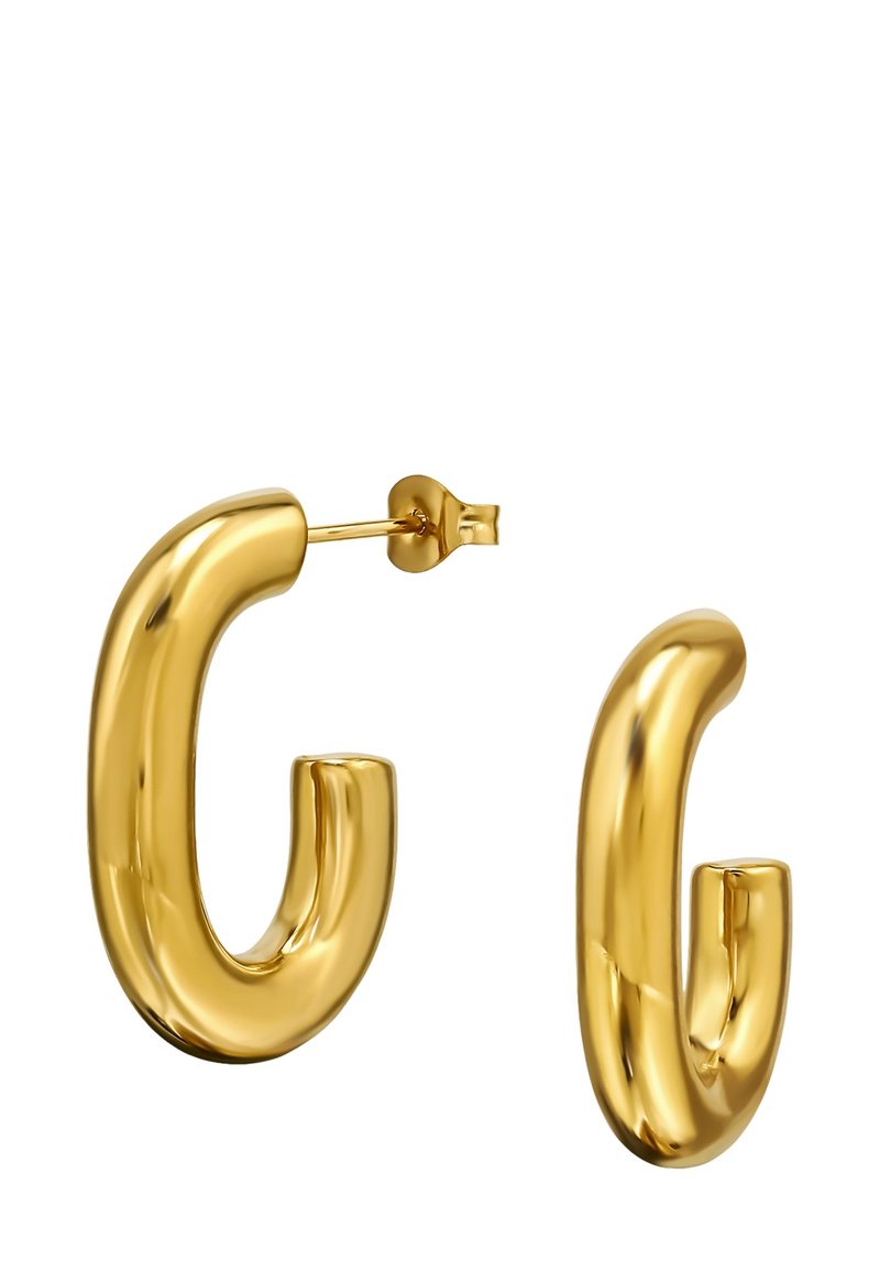 Boucles d'oreilles en métal doré avec un design lisse et arrondi, présentant une finition brillante et une fermeture à tige sécurisée.