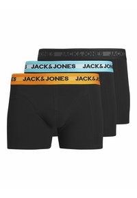 Zwarte boxershorts met contrasterende elastische taillebanden in zwart, lichtblauw en oranje, met de 'JACK & JONES'-branding op elke band.
