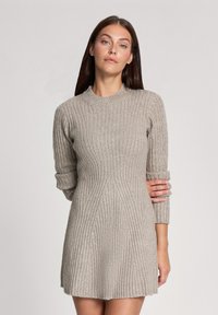 Abito in maglia color taupe chiaro con costine verticali, collo alto e maniche lunghe, caratterizzato da un corpetto aderente e una gonna svasata.