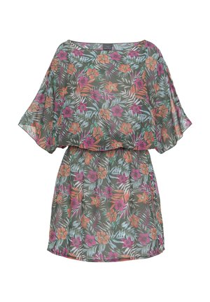 Blumenmusterkleid mit kurzen Ärmeln, taillierter Taille, grünem Hintergrund und leuchtenden rosa, orangefarbenen und blauen Blumenmustern. Leichter Stoff.