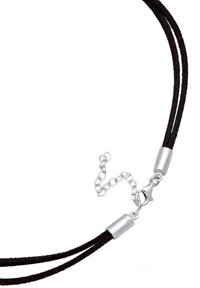 Black suede cord necklace with silver metal hardware, featuring a lobster clasp and adjustable chain for length customization.