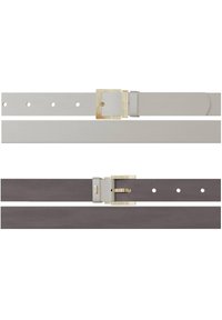 Two belts displayed horizontally; one gray with a gold square buckle, and one dark gray with a silver buckle. Smooth texture, various lengths.