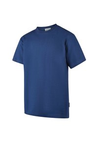 Navy blue short-sleeve t-shirt made of smooth cotton. Features a rounded neckline and straight hem, with a small label on the side.