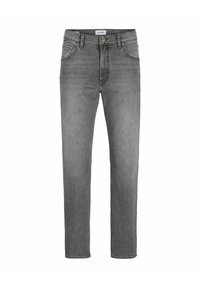 Szare dżinsy z denimu o prostym kroju, klasyczny design z pięcioma kieszeniami, zapięcie na guzik i zamek błyskawiczny, z delikatnym przecieraniem i czystym wykończeniem