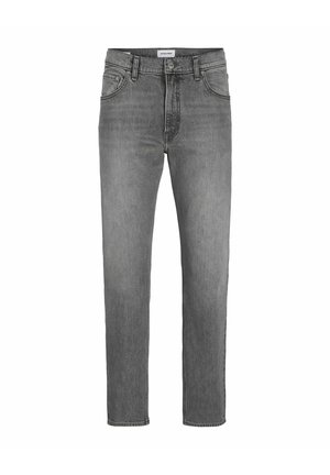 Hallid teksapüksid, sirge lõikega, klassikalise viie taskuga disain, nööp- ja tõmblukukinnitusega, õrnade pleekimiste ja puhta äärega.