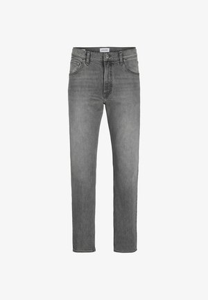 Hallid teksapüksid, sirge lõikega, klassikalise viie taskuga disain, nööp- ja tõmblukukinnitusega, õrnade pleekimiste ja puhta äärega.