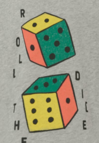 T-Shirt aus leicht grauem Stoff mit einem Design von zwei bunten Würfeln. Die Würfel sind gelb, grün und rot mit schwarzen Punkten, daneben steht Text.