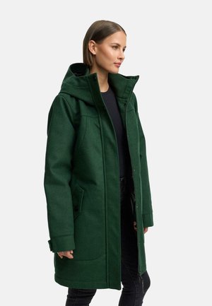 Green wool-blend coat featuring a hood, zip closure, flap pockets, and a tailored silhouette. The texture appears soft and warm.