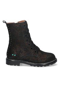 Black ankle boot with a glittery finish, featuring metallic studs, round toe, black laces, and a textured surface with a contrasting sole.