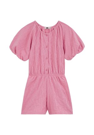 Różowy, teksturowany krótki kombinezon z bufkami na rękawach, elastyczną talią, okrągłym dekoltem i guzikami z przodu.