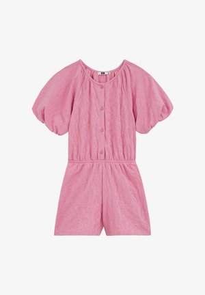 Roza teksturirani kratki kombinezon s nabranim rukavima, elastičnim strukom, okruglim izrezom i gumbima sprijeda.