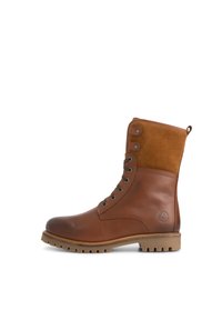 Bruine leren en suède enkellaars met metalen oogjes, twee knopenaccenten en een robuuste zool. Gladde afwerking met een gestructureerde bovenkant.