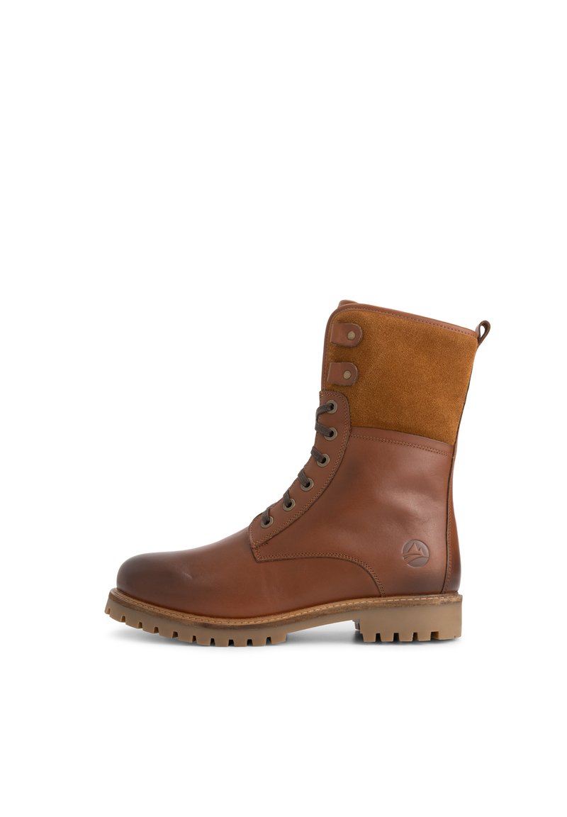 Bruine leren en suède enkellaars met metalen oogjes, twee knopenaccenten en een robuuste zool. Gladde afwerking met een gestructureerde bovenkant.