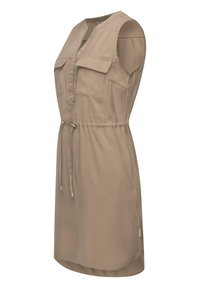 Beiges ärmelloses Kleid mit einem Schlagkragen, einer vierknöpfigen Leiste, zwei Brusttaschen, einem Kordelzug in der Taille und einem abgerundeten Saum. Glatte Stofftextur.