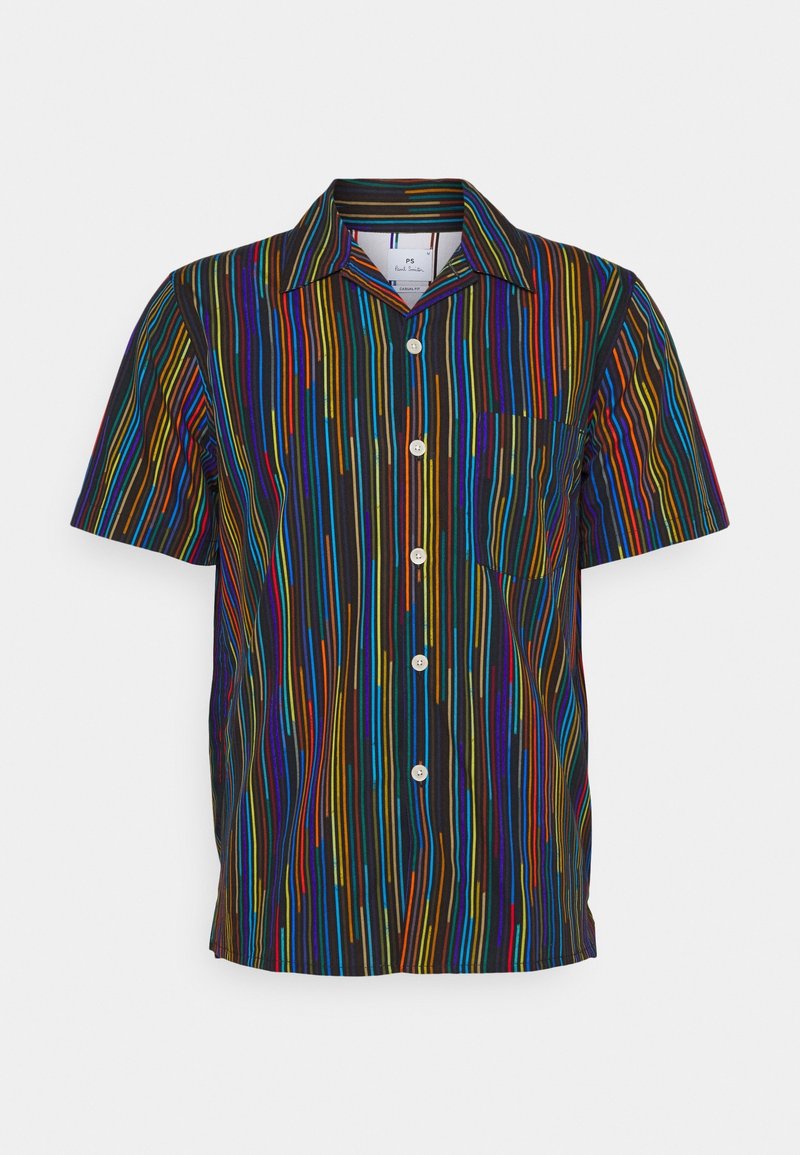 Kortærmet skjorte med sort bund, prydet med lodrette linjer i livlige farver. Inkluderer en brystlomme og hvide knapper.