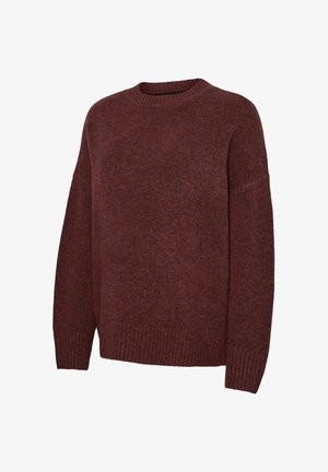 Vijoličen pleten pulover z okroglim izrezom, dolgimi rokavi ter rebrastimi manšetami in robom. Mehka tekstura in sproščen kroj.