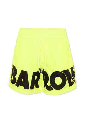 Neonowożółte szorty z elastycznym pasem i sznurkiem, z wyraźnym czarnym napisem "BARROW" oraz małym logo z uśmiechniętą buźką na prawej nogawce.